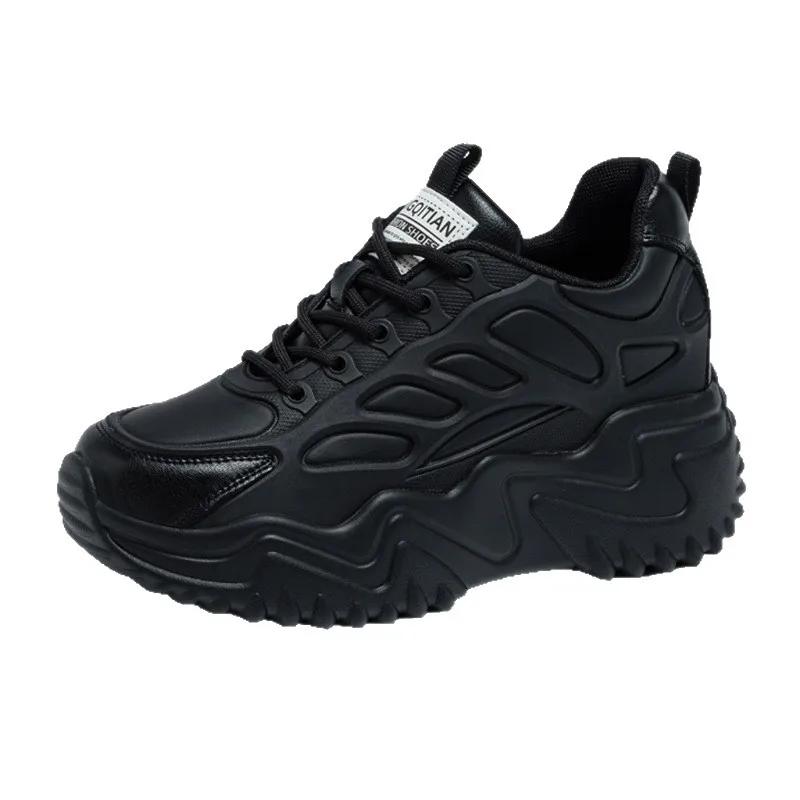 Genuine Leather Shoes Women Chunky Sneakers Flat Platform Height Increasing Shoes 7cm Brand Ladies Mesh Shoes Black Beige DX588