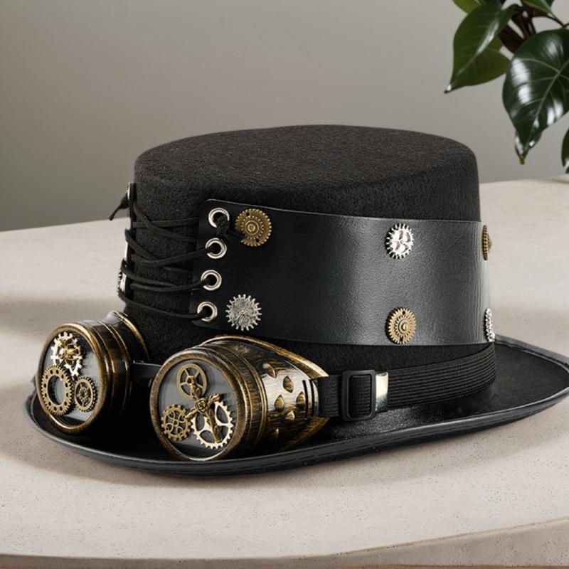 Victorian Industrial Cosplay Hat with Removable Goggles PU Leather Headwear For Adult Men Women Stage Performances