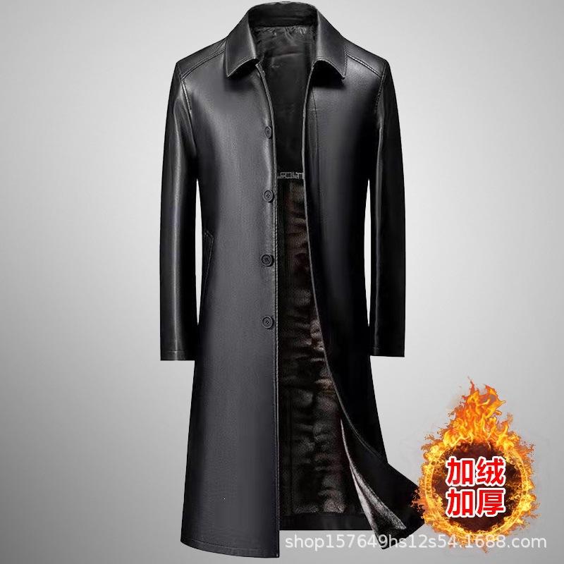 [Long leather coat] Imported leather men's lapel fur integrated medium and long leather coat thickened knee leather coat