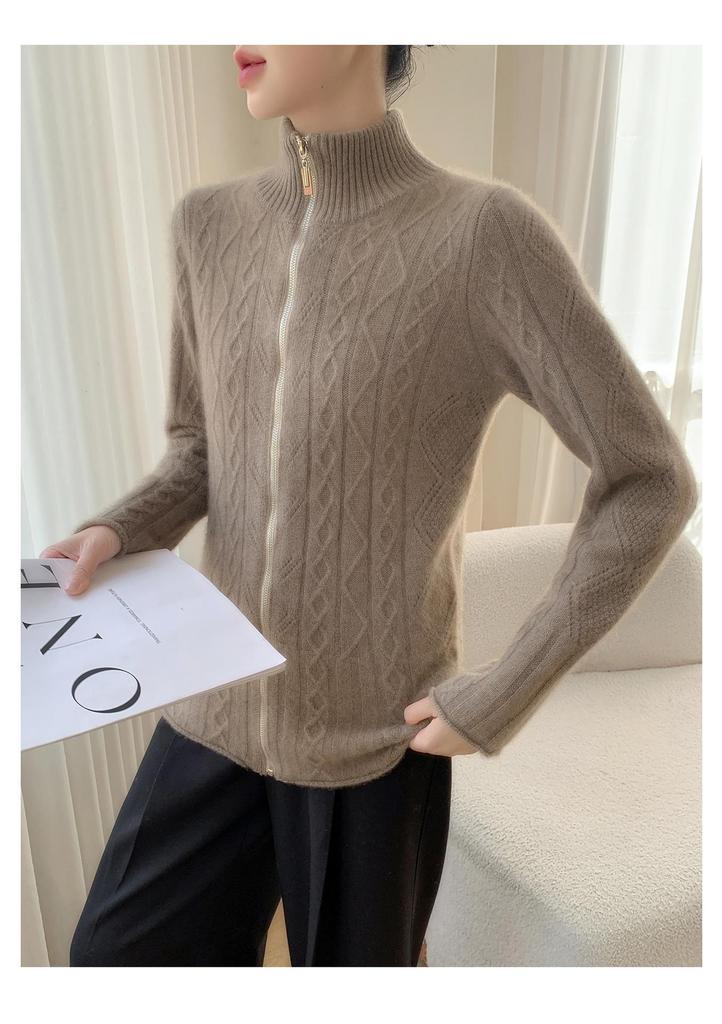 Women's High-End Cashmere Stand Collar Jacquard Zipper Cardigan Sweater - Autumn/Winter Loose Style.