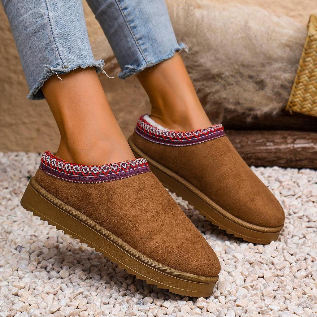 Ethnic Style Men's & Women's Flat Bottom Snow Boots - Plus Size, Round Toe, Warm Cotton Slippers
