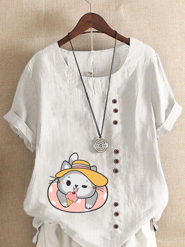 Women's Fashion Cat Print Shot Sleeve T-shirt Loose Cotton Shirt Casual Loose Summer Blouse Tops Plus Size