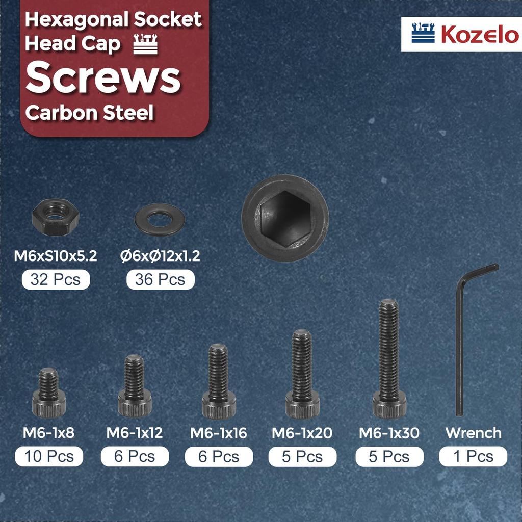 Kozelo 100pcs Socket Head Cap Bolts and Nuts Assortment Kit Alloy Steel Black Oxide Internal Hex Screws for 3D Printers with Wrench