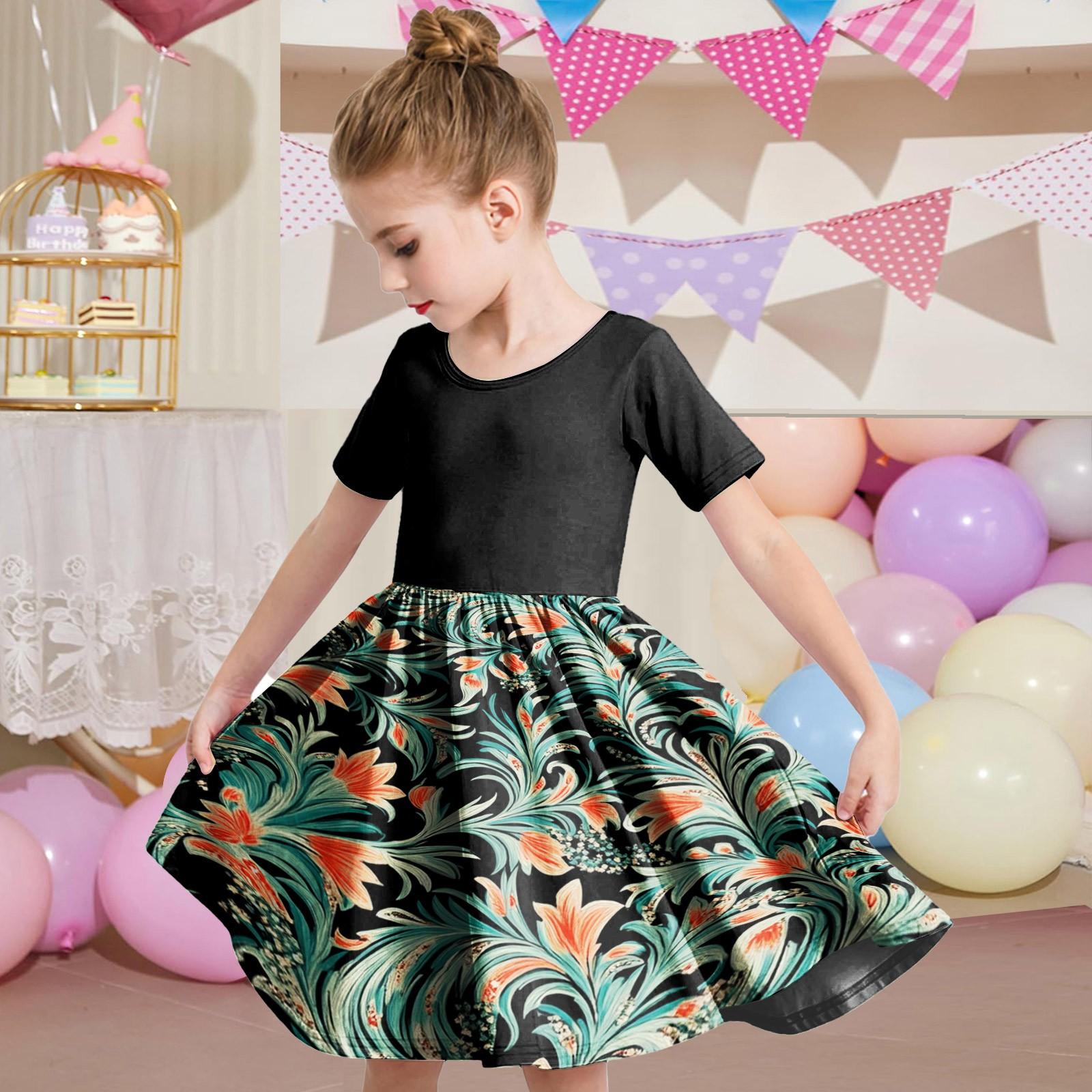 

Летнее платье для девочки Малышка Платье-скейтер Цвет Короткий рукав Повседневное Платье-футболка А-силуэта 150 чёрный