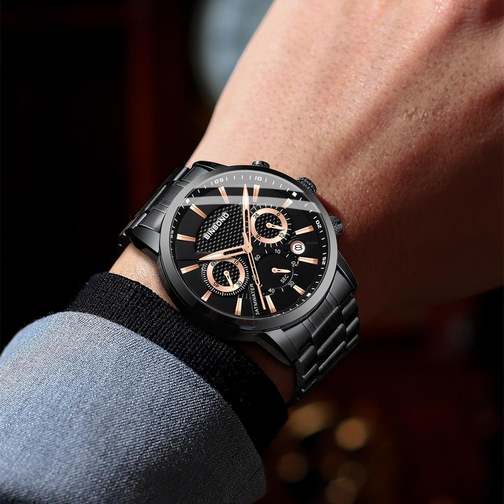 BINBOND Men's Waterproof Quartz Sports Watch with Steel Strap and Dual Eye Multifunction.