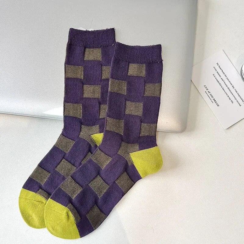 Vintage Women Socks Korean Fashion Harajuku Streetwear Sports Socks Women Casual Striped Plaid Cotton Knitting Elastic Long Sock
