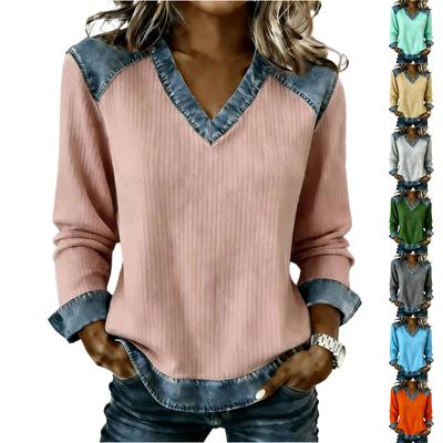Women's Loose V-neck Long-sleeved Denim Ribbed Top