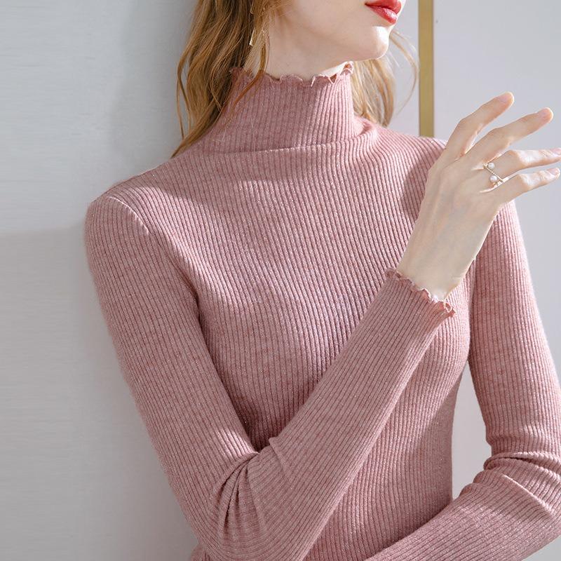 

Turtleneck knitted sweater women s autumn and winter new women s clothing solid color fungus edge pit strip long sleeve bottoming pullover 2XL розовый