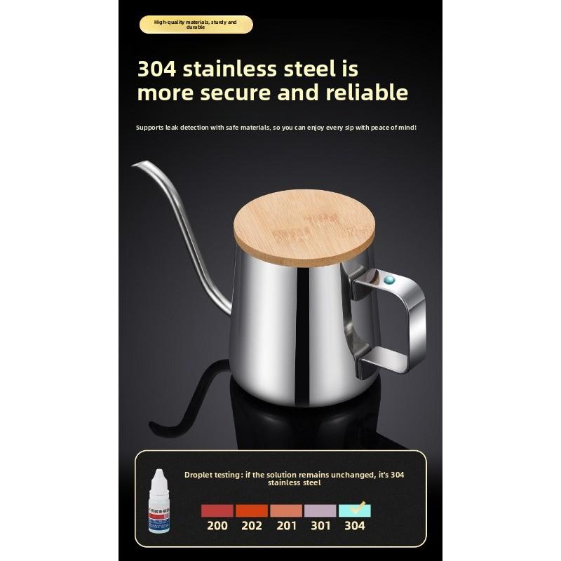 Hand-poured Coffee Pot with Lid, Bamboo Cover, 304 Thickened Stainless Steel Spout, Suitable for Household Use, Fine-mouthed Hanging Coffee Set