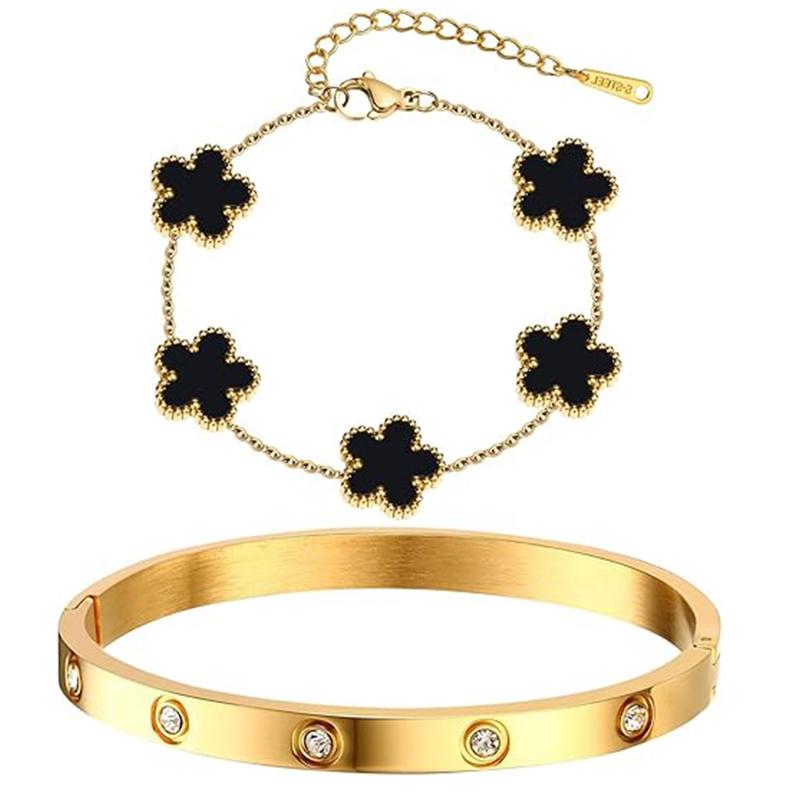 2PCS/set Stainless Steel Bracelet Clover Bracelets Woman Stacking 18K Gold Plated Tennis Bangle Fashion Jewelry Christmas Gifts