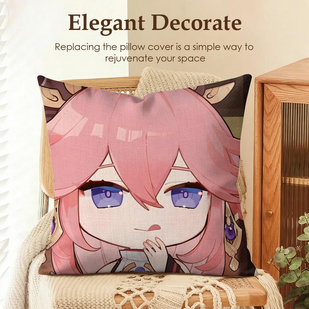 Yae Miko Cute Genshin Impact Cushion Cover Natural Linen Organic Fabric DoubleSided Printing Sofa Home Decor Gift Pillow Case