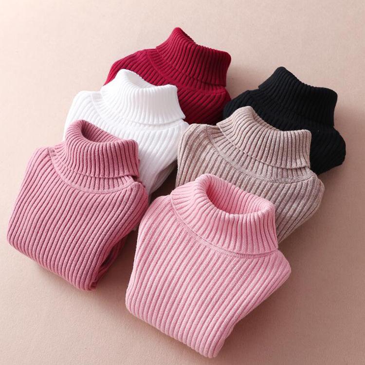 Children's Slim Fit Knit Sweater with High Neck and Velvet Lining for Autumn and Winter.