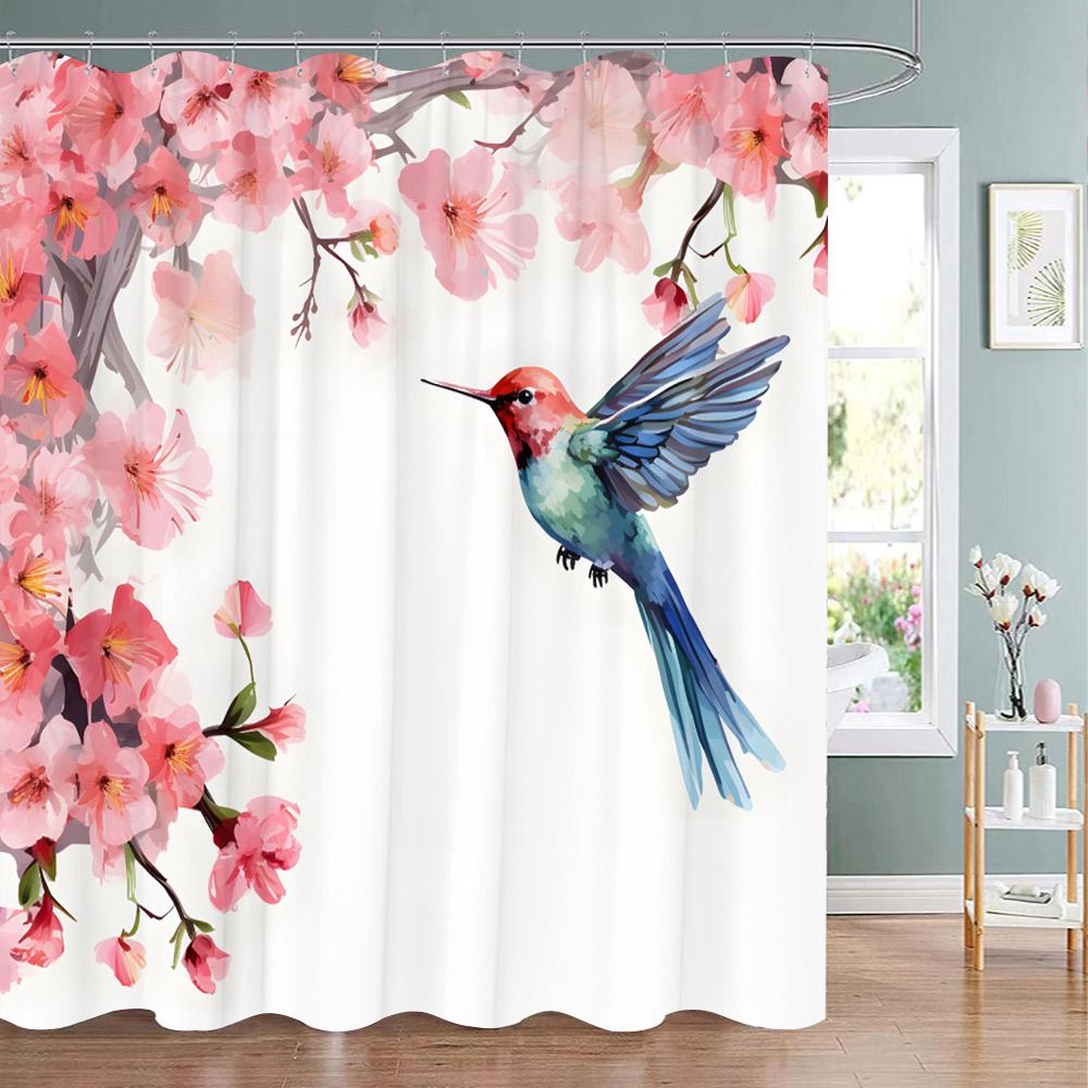 Tropical Plant Parrot Shower Curtain Watercolour Monstera Palm Leaf Birds Pink Floral Green Leaves Bathroom Curtains Home Decor