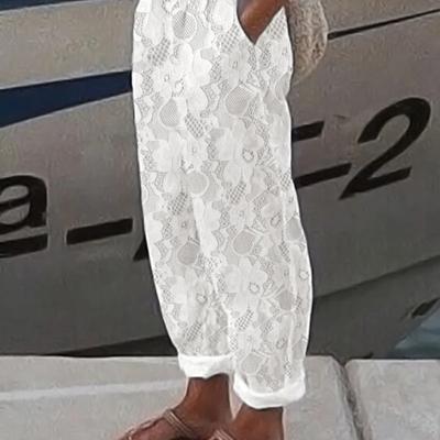Women Ninth Pants Lace Solid Color Drawstring Elastic Waist Loose Soft Slant Pockets