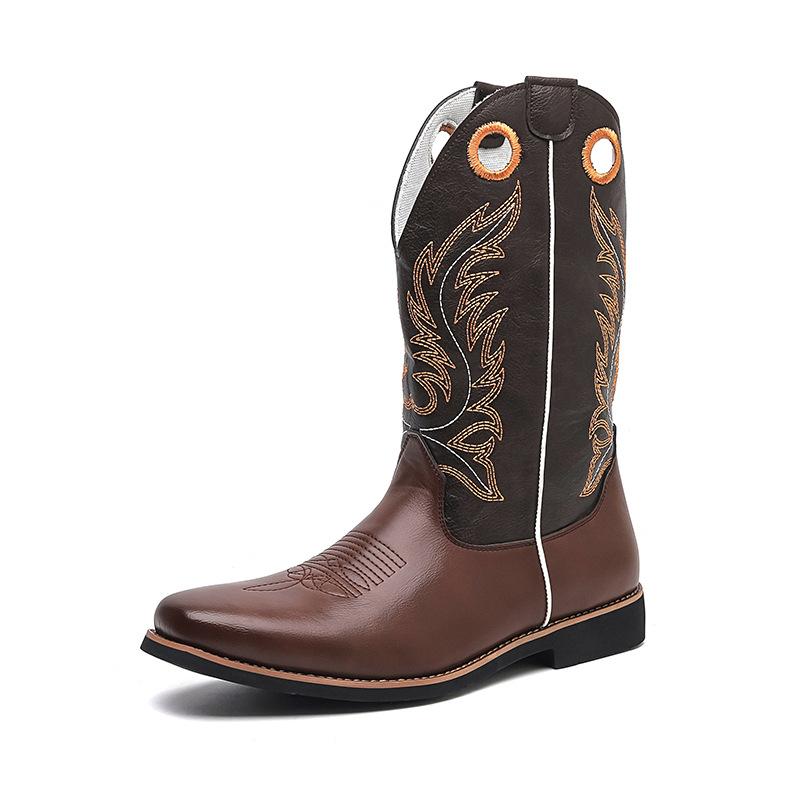 

Foreign trade 2025 new ethnic style embroidery medium tube boots square head medium heel knight boots large size men s boots 48 коричневый
