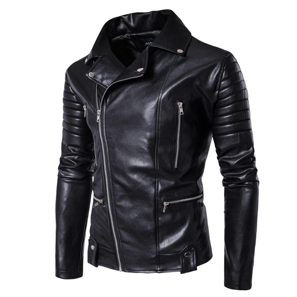 New Men's Motorcycle Leather Jacket, Multi-Zipper, Men's Leather Jacket B