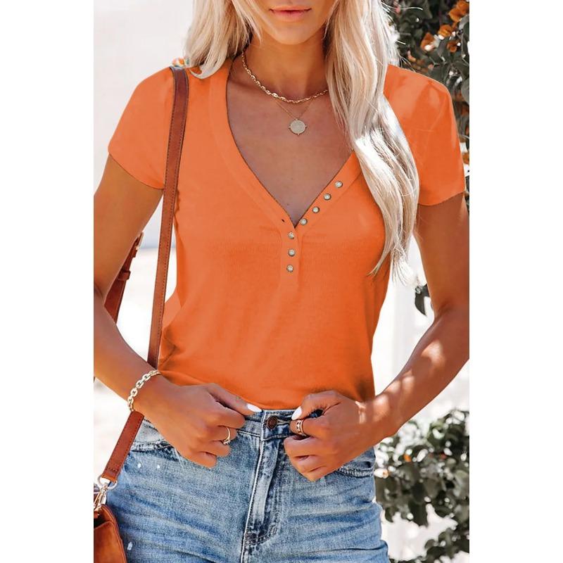 2025 Spring and Summer New European and American Clothing Sexy V-neck Top T-blood Short-sleeved Women