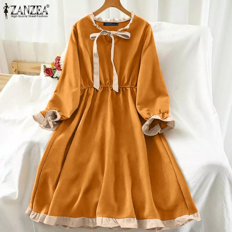 

ZANZEA Женское модное платье Весна Лето Повседневный O-образный вырез с длинным рукавом Платье