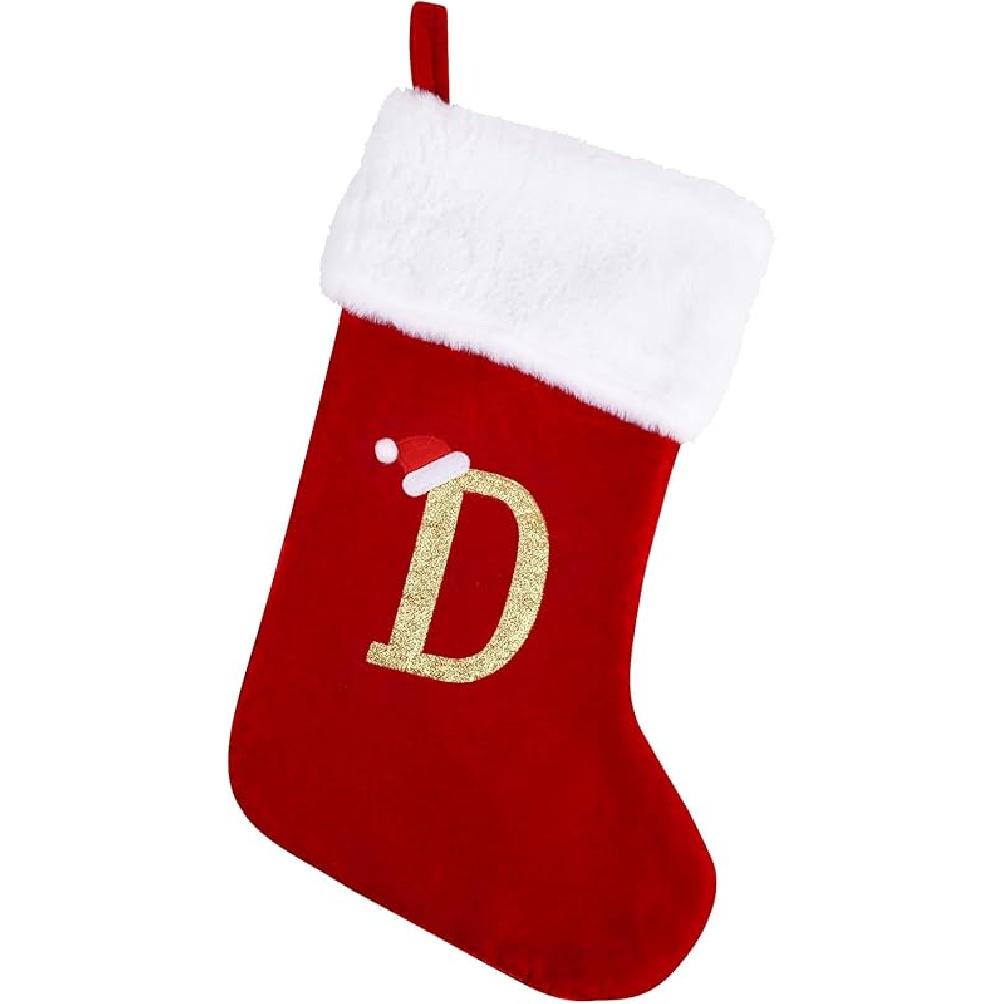 20 Inches Monogram Christmas Stockings with Letters, Large Super Soft Christmas Stockings Red Velvet with White Super Soft Plush Cuff for Christmas D