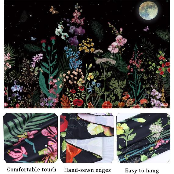 Generleo Floral Plants Tapestry Galaxy Moon Tapestries Vintage Boho Flower Butterfly Tapestries Black Starry Sky Nature Landscape Tapestry Wall
