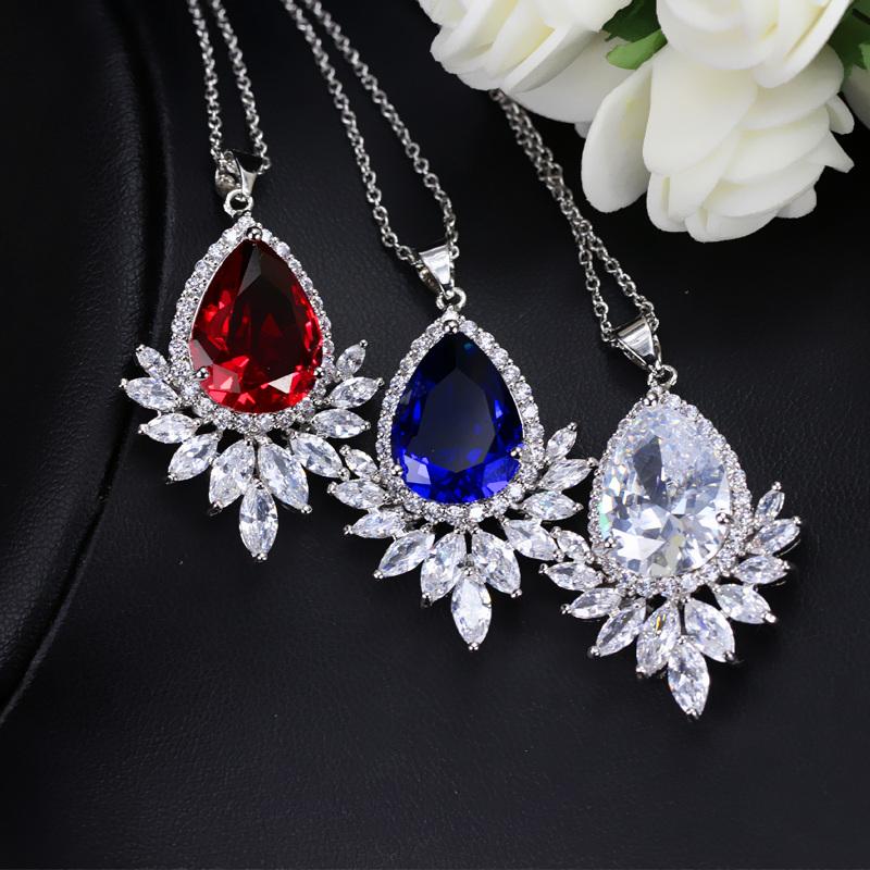 WWJ Top Quality Big Teardrop Green Blue Cubic Zirconia Necklaces Pendants for Women