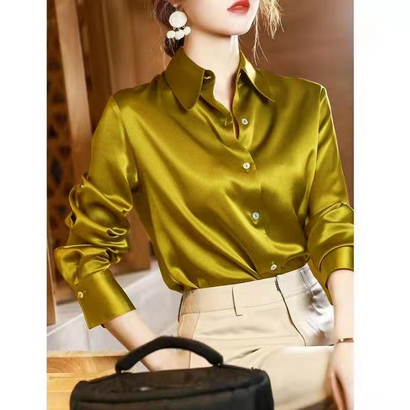 2025 Summer Trend Fashion Women Casual Elegant Satin Long Sleeved Shirt Office Women's Shirts And Blouses Slim Femal Clothes