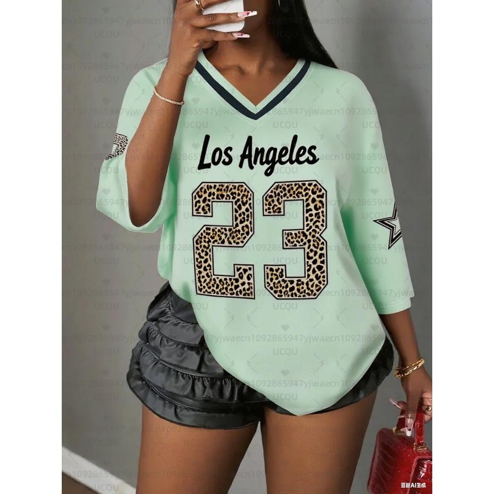 Printed V-neck short sleeved T-shirt, summer pattern T-shirt, baseball shirt, plus size sports T-shirt