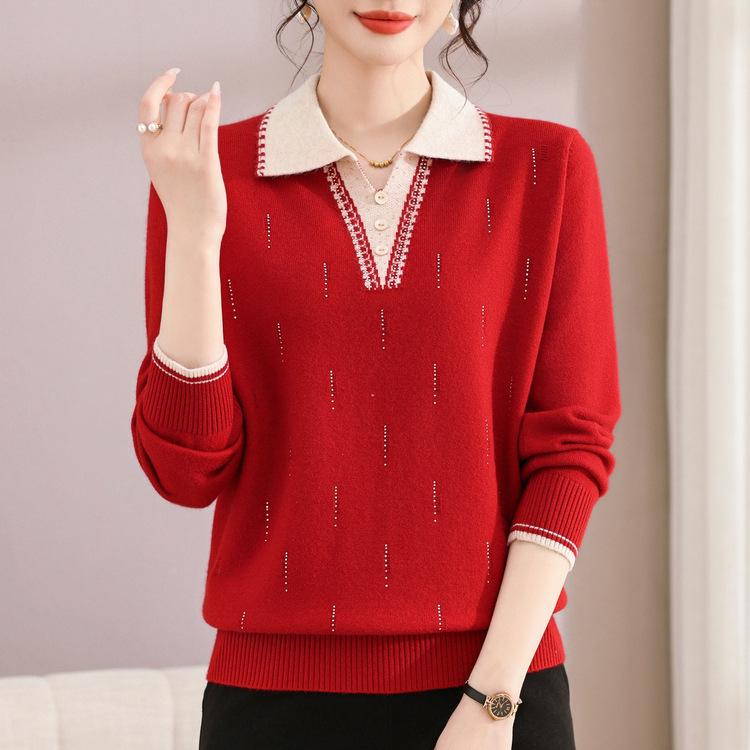 Mom's Autumn Clothes New Knitted Bottoming Shirt Middle-aged and Elderly Women's Clothing Spring and Autumn Lapel Neck Long-sleeved Pullover