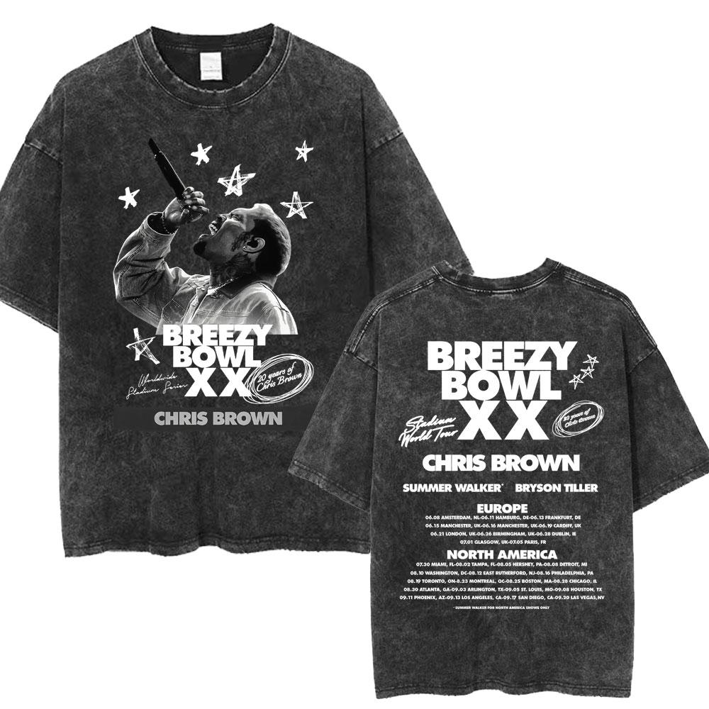 Chris Brown Breezy Bowl XX Concert Tour Washed T Shirts Vintage Hip Hop Gothic T Shirt Mens Oversized Cotton Tshirt Streetwear
