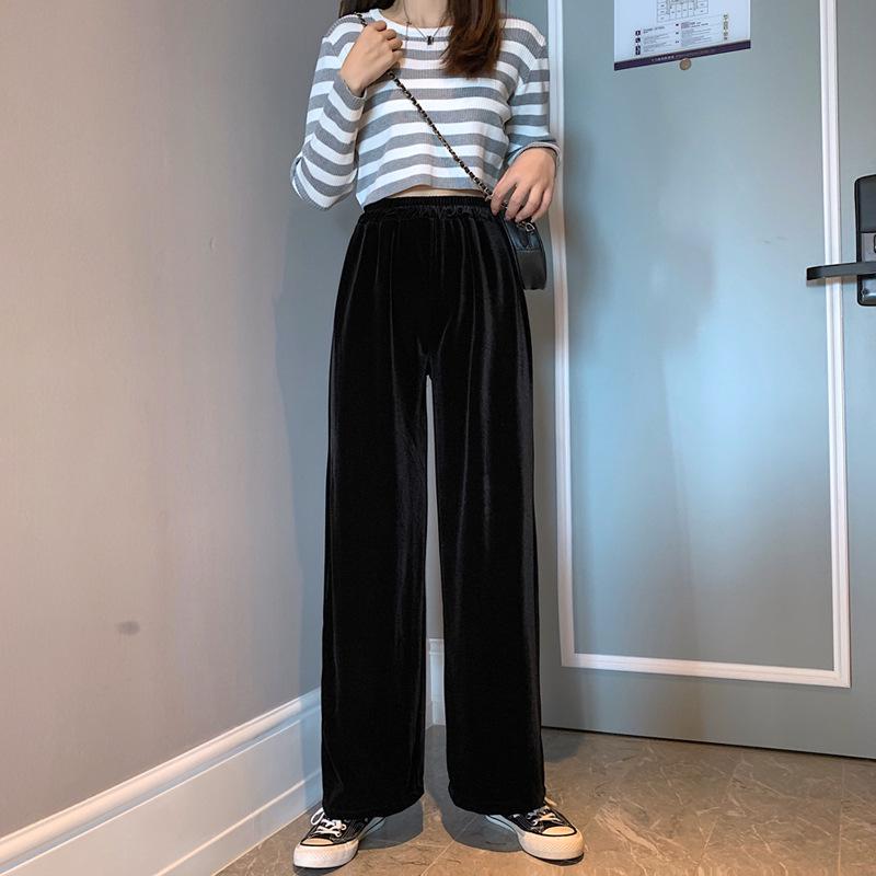 

Корейские шикарные бархатные брюки с высокой талией и широкими штанинами для женщин - Осень/Зима, свободные драпированные брюки длиной до пола L чёрный