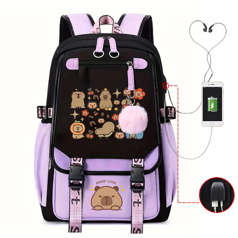 Fashion Trend Kapibara Leisure Burden Reduction Travel Bag Multifunctional Large Capacity USB Student School Bag