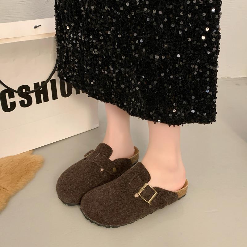 Fashion Women Slippers Mules Fur Shoes Winter Buckle Flat Platform Walking Plush Ladies Slippers Casual Shoes Warm Indoor Slides Women