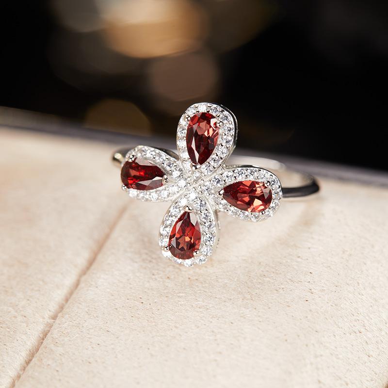 Xiaohongshu Colored Treasure Earrings Flower S925 Sterling Silver Set With Natural Gemstone Ring Women'S Jewelry