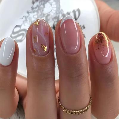 24Pcs Short Round French Press On Nails White Shimmer Powder Design Oval Detachable Full Cover False Nail Tips