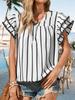 Women's Vertical Striped Blouse V Neck Ruffle Sleeve Pleated Trim Summer Top