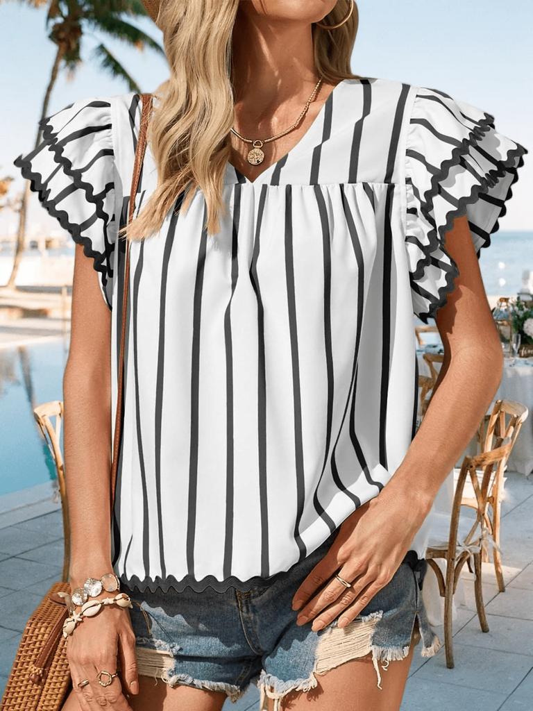 Women's Vertical Striped Blouse V Neck Ruffle Sleeve Pleated Trim Summer Top