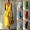 Women Sleeveless Loose Fit Cotton Linen Vacation Maxi Dress with Adjustable Spaghetti Straps Side Pockets and V Neckline Summer Sundress
