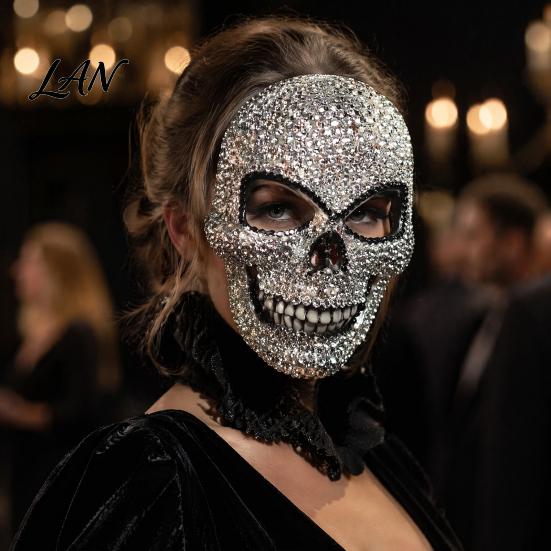 Bling Rhinestone Skull Mask Sparkling Rhinestones Halloween Mask, 3D Comfortable Full Face Eye-catching for Adult Cosplay Parties & Haunted