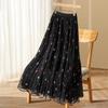 Mesh Floral Skirt for Women's Summer New High Waisted Mid Length Pleated Skirt with Large Swing Yarn