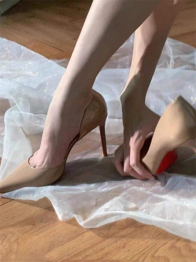 Women's Black Stiletto Heels with Side Cutout, Sexy Red Bottoms, Comfortable for Night Wear - 2025 Autumn/Winter Collection