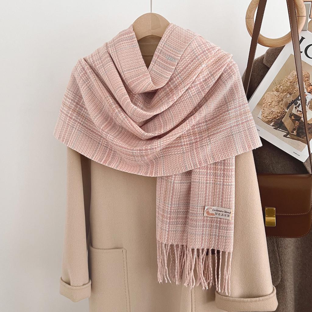 Pink Plaid Scarf for Girls' Autumn and Winter High-end Sense New Korean Version Versatile Thickened Warm Neck Scarf