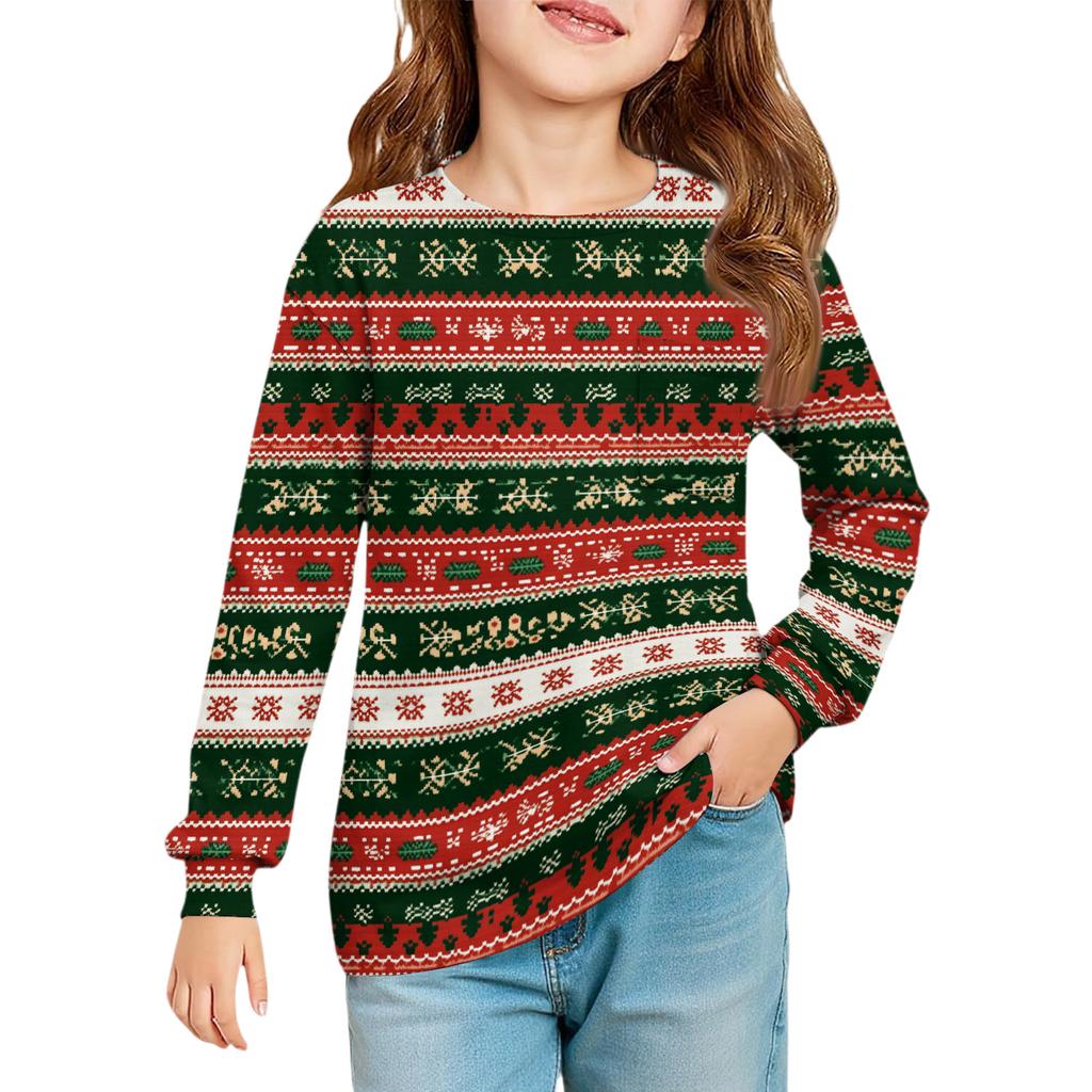Christmas Day Girls' Long Sleeve Blouse - Round Neck Soft Waist Tunic