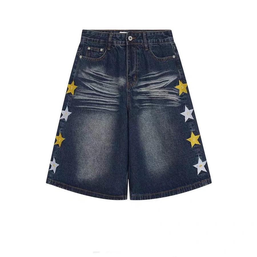 Unisex Retro Star Embroidered Wide-Leg Denim Shorts