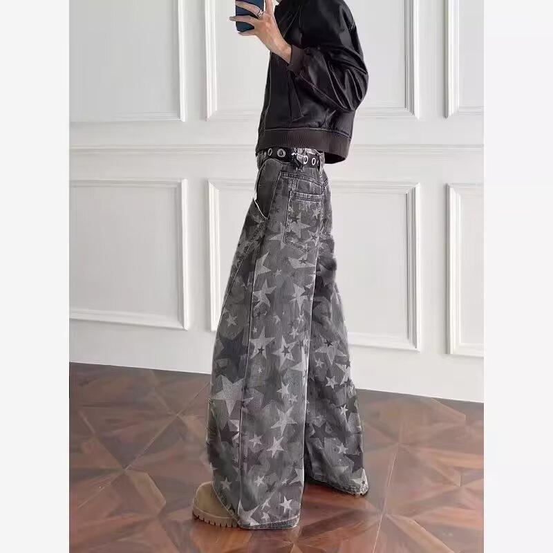 New Washed Star-printed Jeans for Men, Casual Wide-leg Long Pants