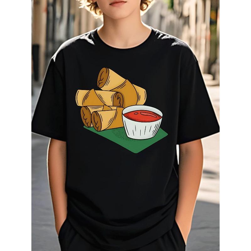 European sizes Boys T-Shirt Kids Casual Trendy Spring Summer Food Print Egg Roll with Sauce Pattern Black Tee Boys Ages 5-13 Street Style Casual Wear