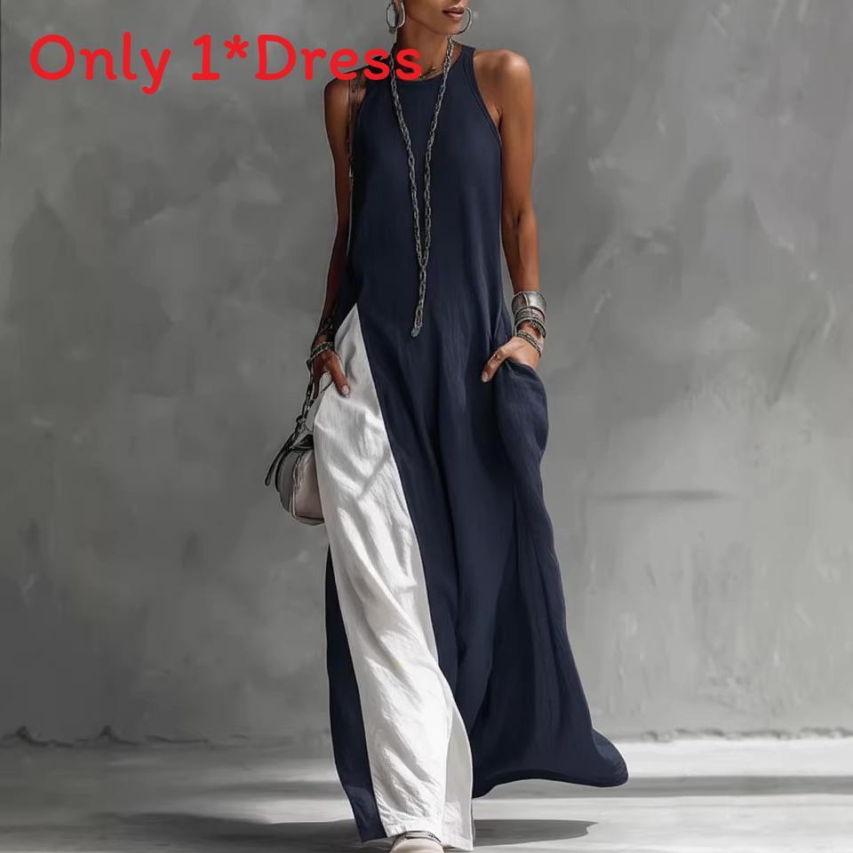 Polyester Splicing Sleeveless Loose Casual Dress With Pockets For Travel And Beach Use