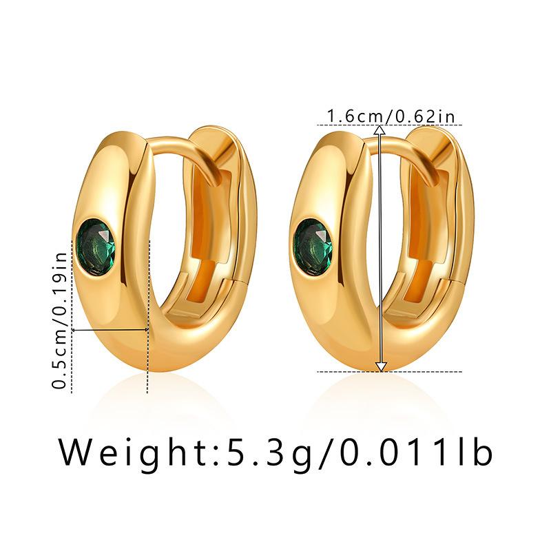 Women 18k Gold Plated Brass Small Plain Hoop Earrings Inlaid Green Zircon