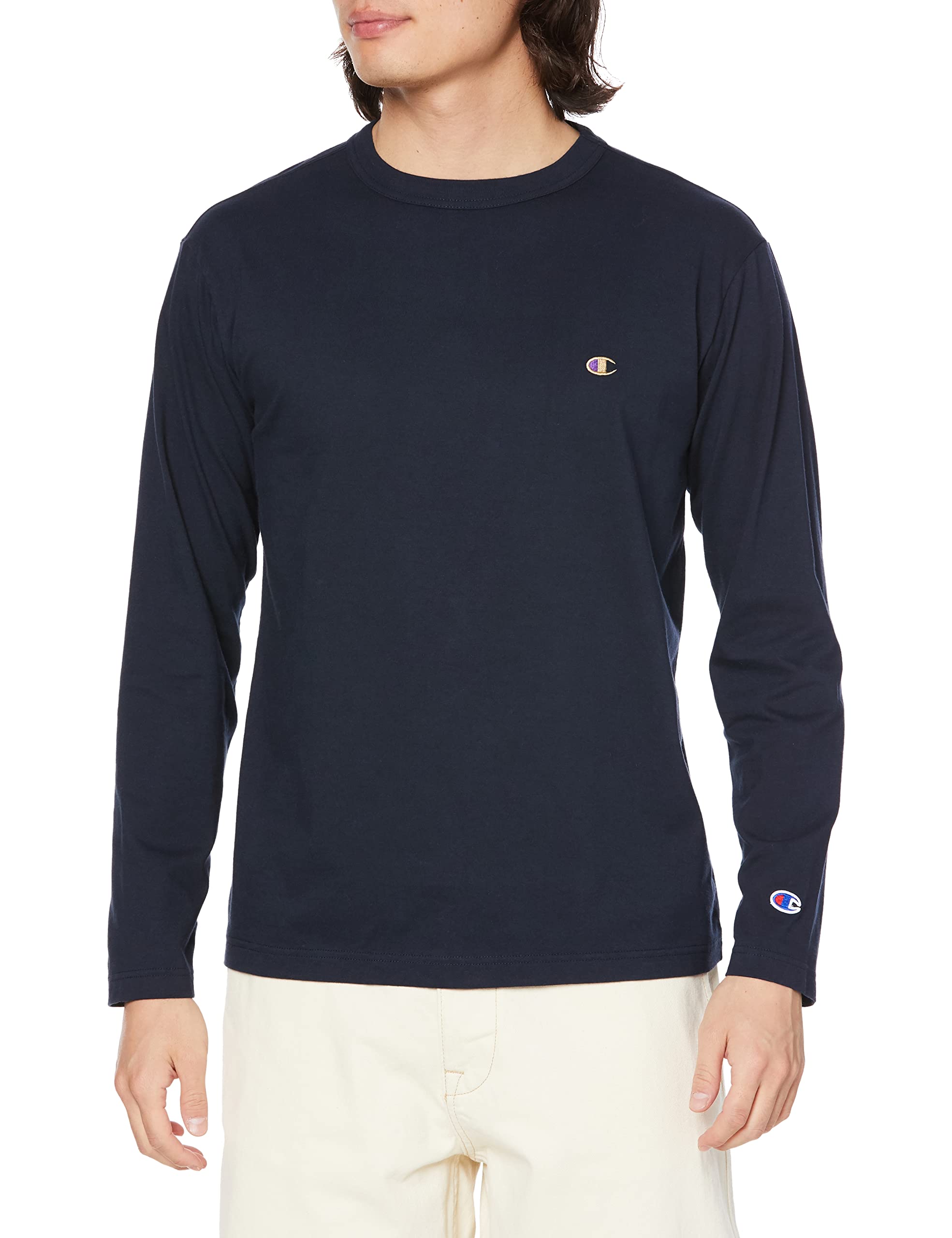 

Champion Long Sleeve Crew Embroidered Custom Size Men s T-Shirt, 100% Cotton, Neck, Single-Point Logo, 20s, Order, Basic, Navy, L, C8-X408