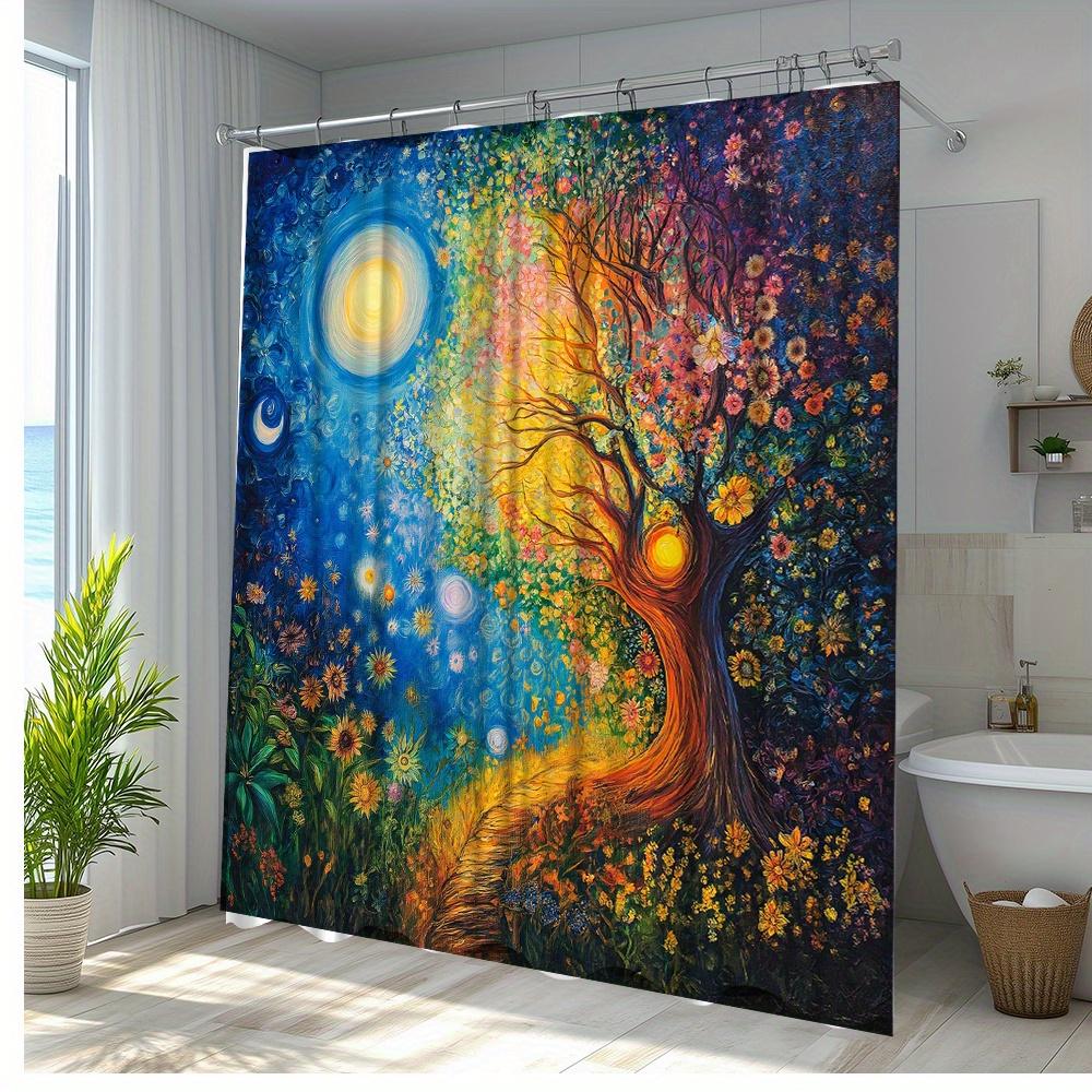 Vibrant Tree Of Life Print Waterproof Shower Curtain For Bathroom, Colorful Floral Design High-End Toilet Partition Curtain
