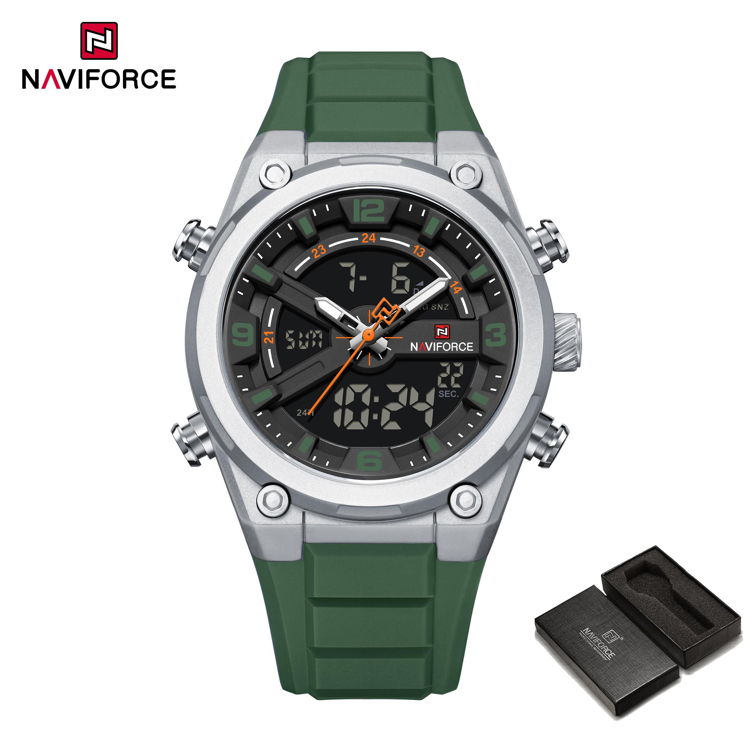 Оригинальные мужские кварцевые часы NAVIFORCE с календарем, датой, ЖК-дисплеем, люминесцентными стрелками, силиконовым ремешком, водозащитой 30м, мужские повседневные модные часы NF9265 серебряный/зелёный